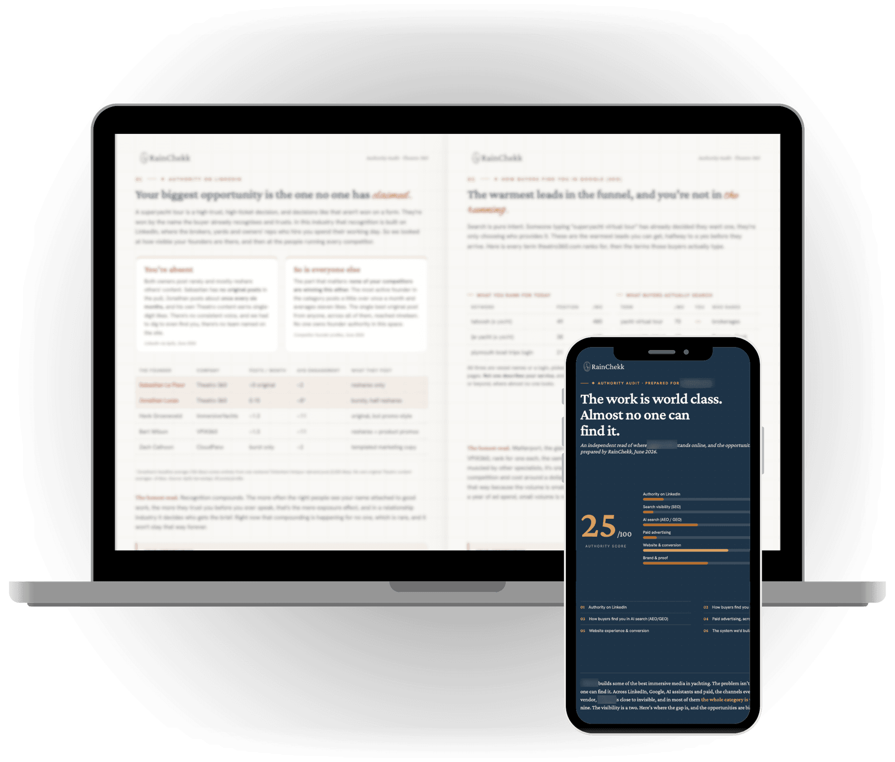 An Authority Audit shown on a laptop and phone: a scored breakdown of a marine business's visibility across LinkedIn, search, AI search, paid advertising and website conversion.