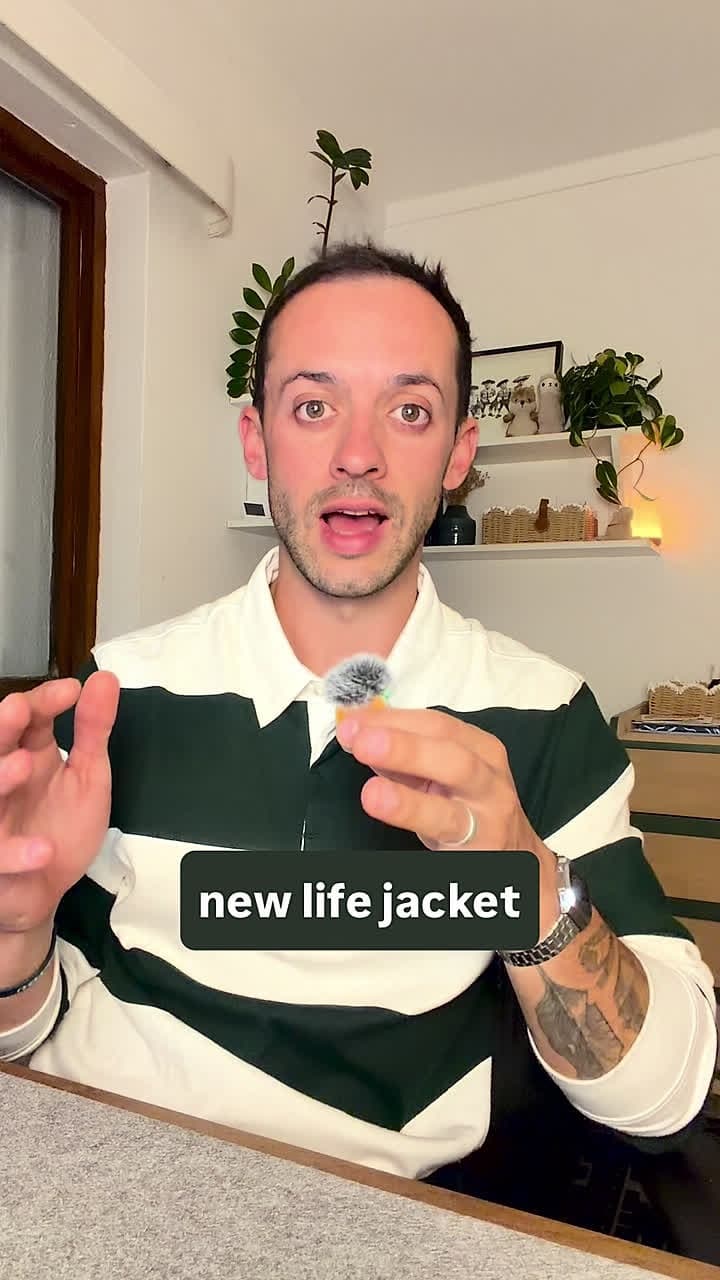 Still from a RainChekk Reel: Justin talking to camera with the caption new life jacket.